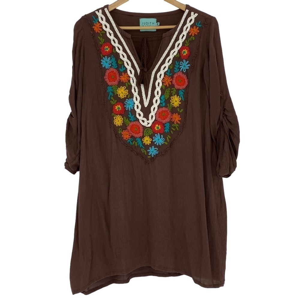 Judith March Peasant Bohemian Tab Sleeve Brown Embroidered Floral Swing Dress, M